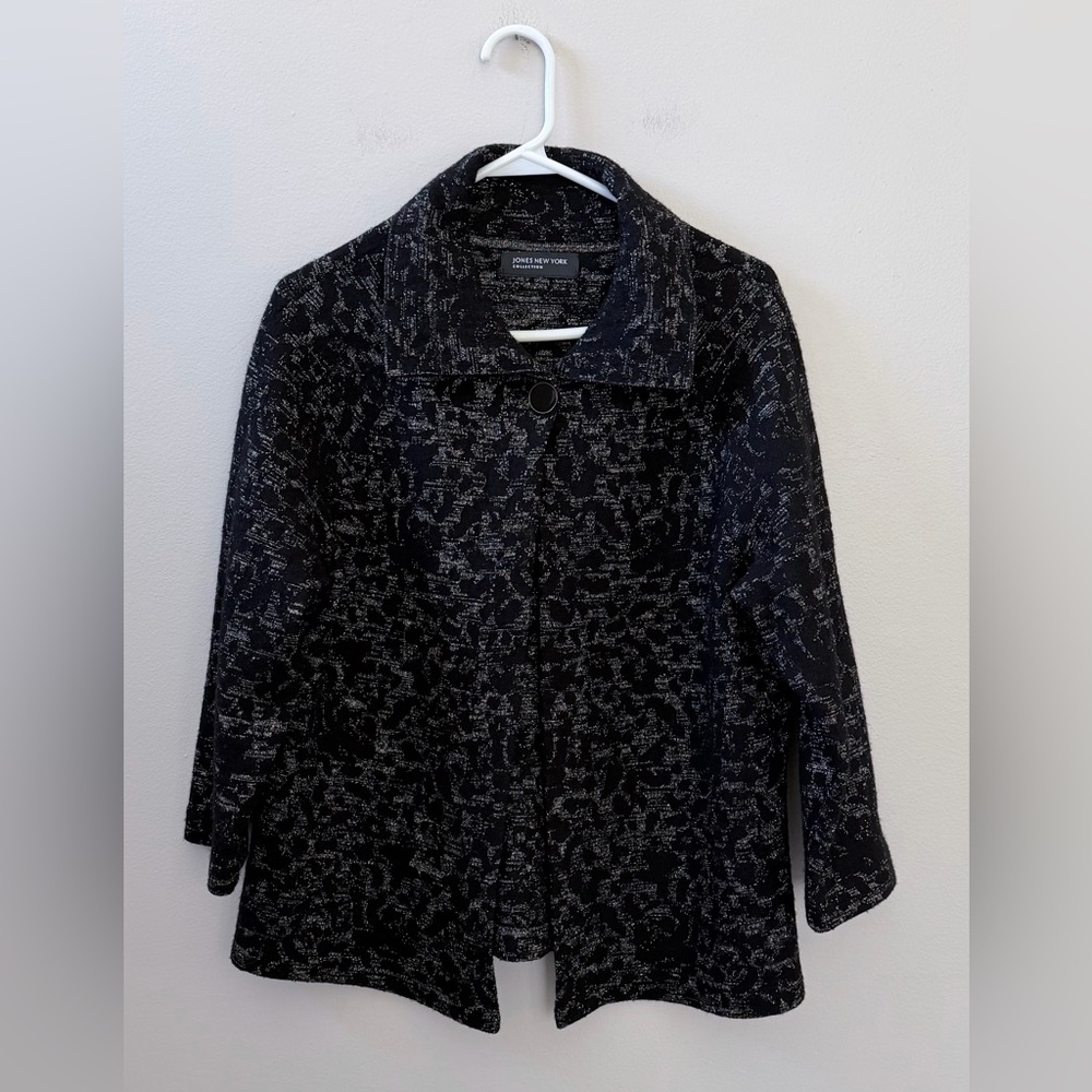 Jones New York Textured Black Metallic Silver Gold Wool Blend Blazer